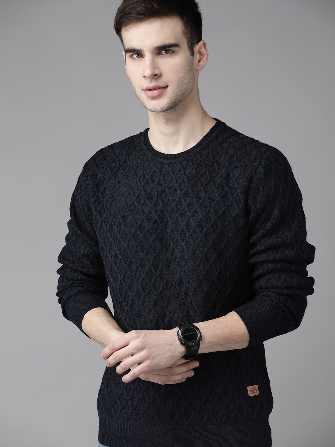 

Roadster Men Navy Blue Self-Design Pullover
