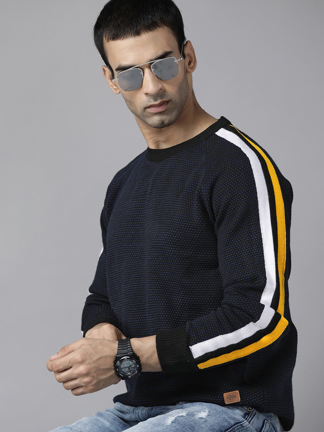 

Roadster Men Navy Blue & Black Acrylic Abstract Self-Design Pullover