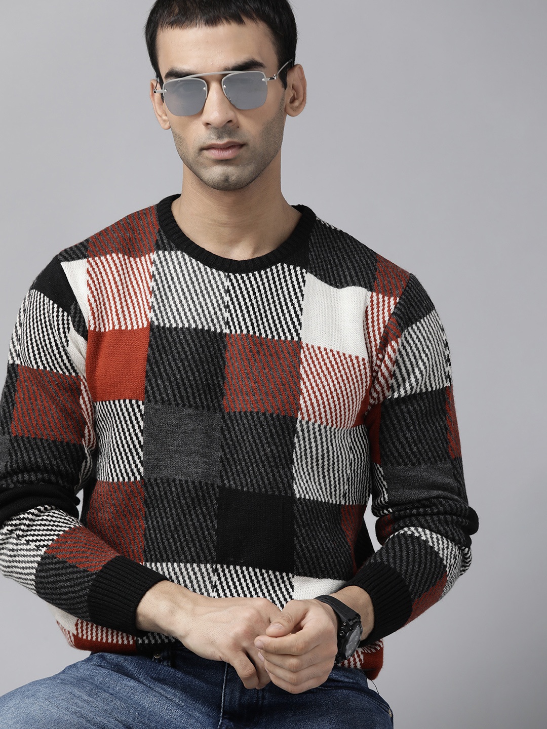 

Roadster Men Black & Rust Brown Checked Pullover