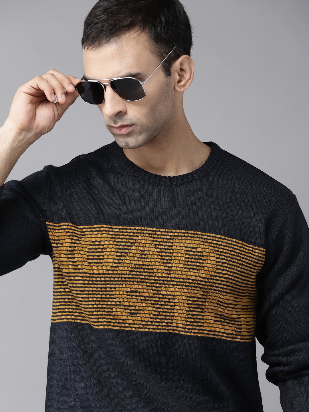 

Roadster Men Navy Blue & Mustard Yellow Typography Pullover