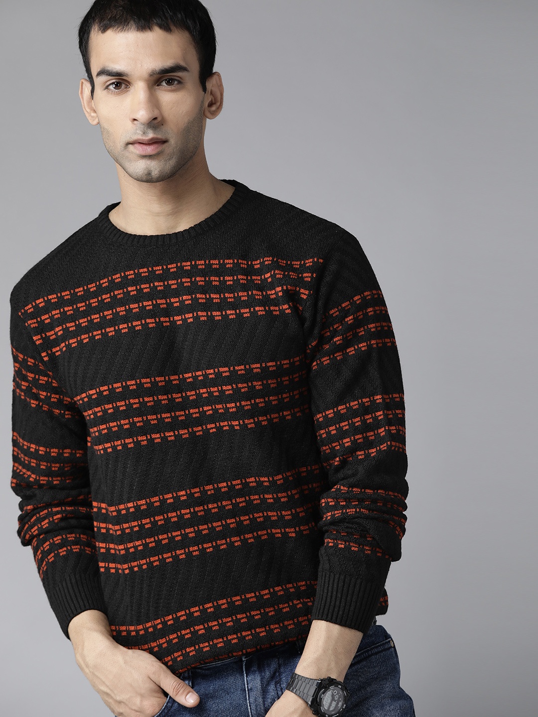 

Roadster Men Black & Rust Brown Striped Pullover