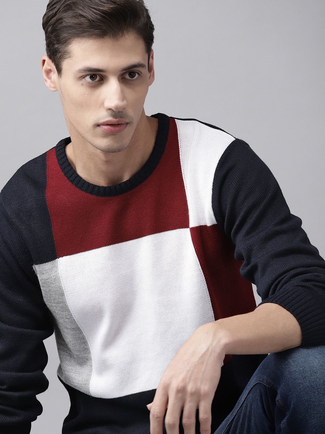 

Roadster Men Navy Blue & Maroon Acrylic Colourblocked Pullover