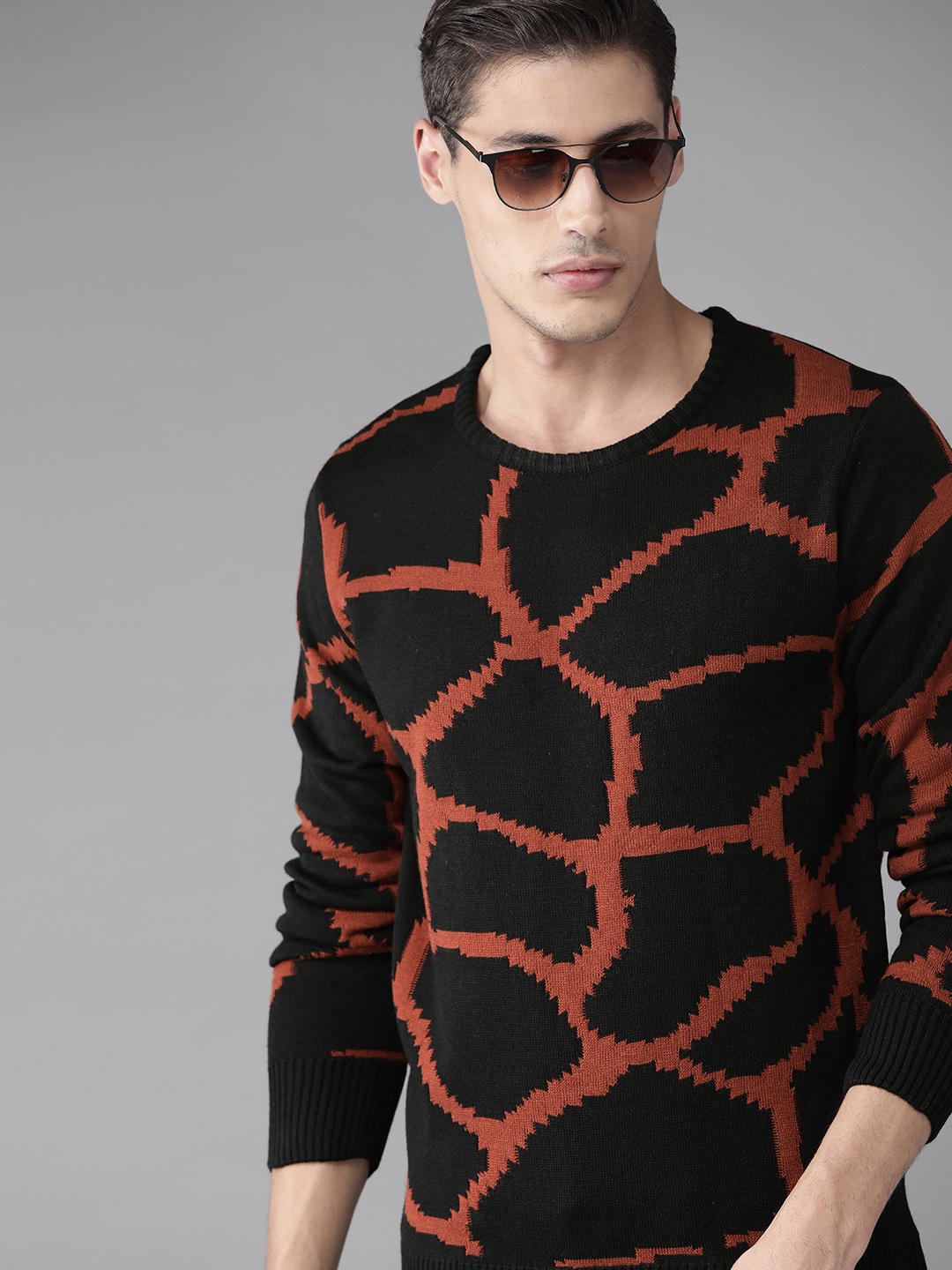 

Roadster Men Black & Rust Printed Pullover