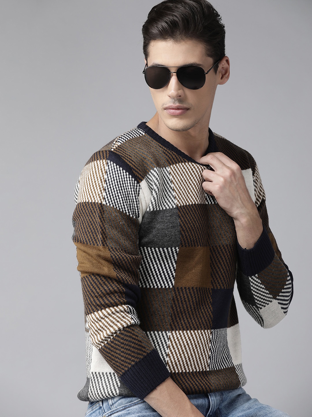 

Roadster Men Navy Blue & Olive Checked Pullover