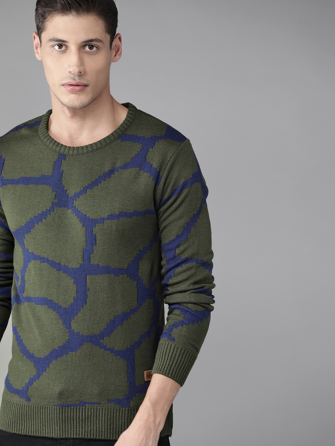 

Roadster Men Olive Green & Blue Abstract Printed Pullover
