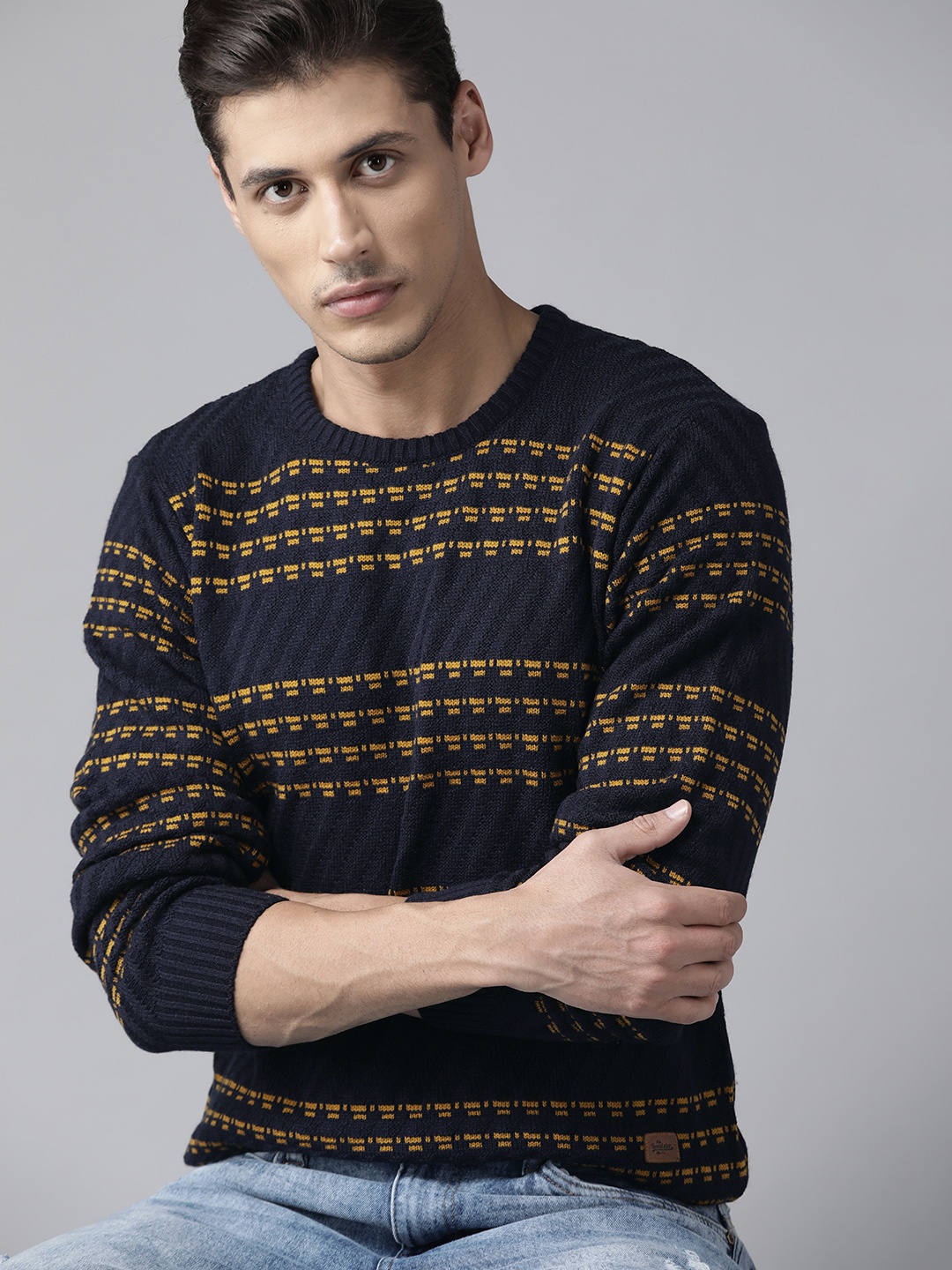 

Roadster Men Navy Blue & Mustard Yellow Striped Pullover