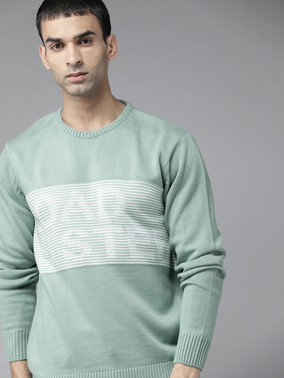 

Roadster Men Sea Green & White Self Design Pullover