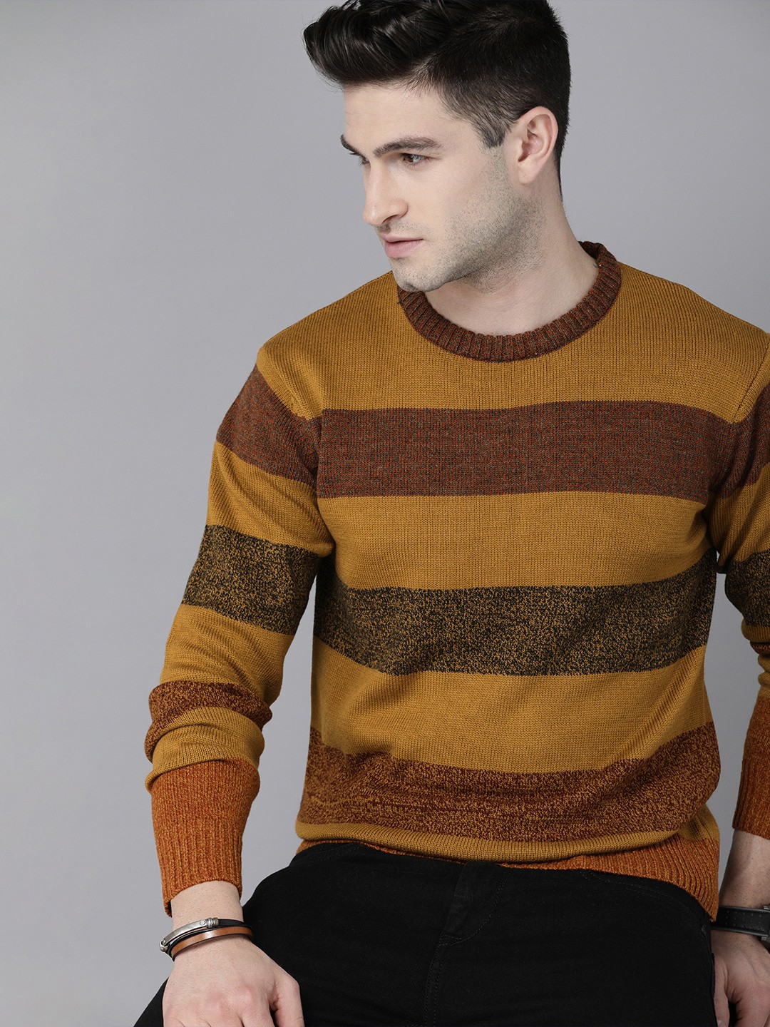 

Roadster Men Yellow & Brown Striped Pullover