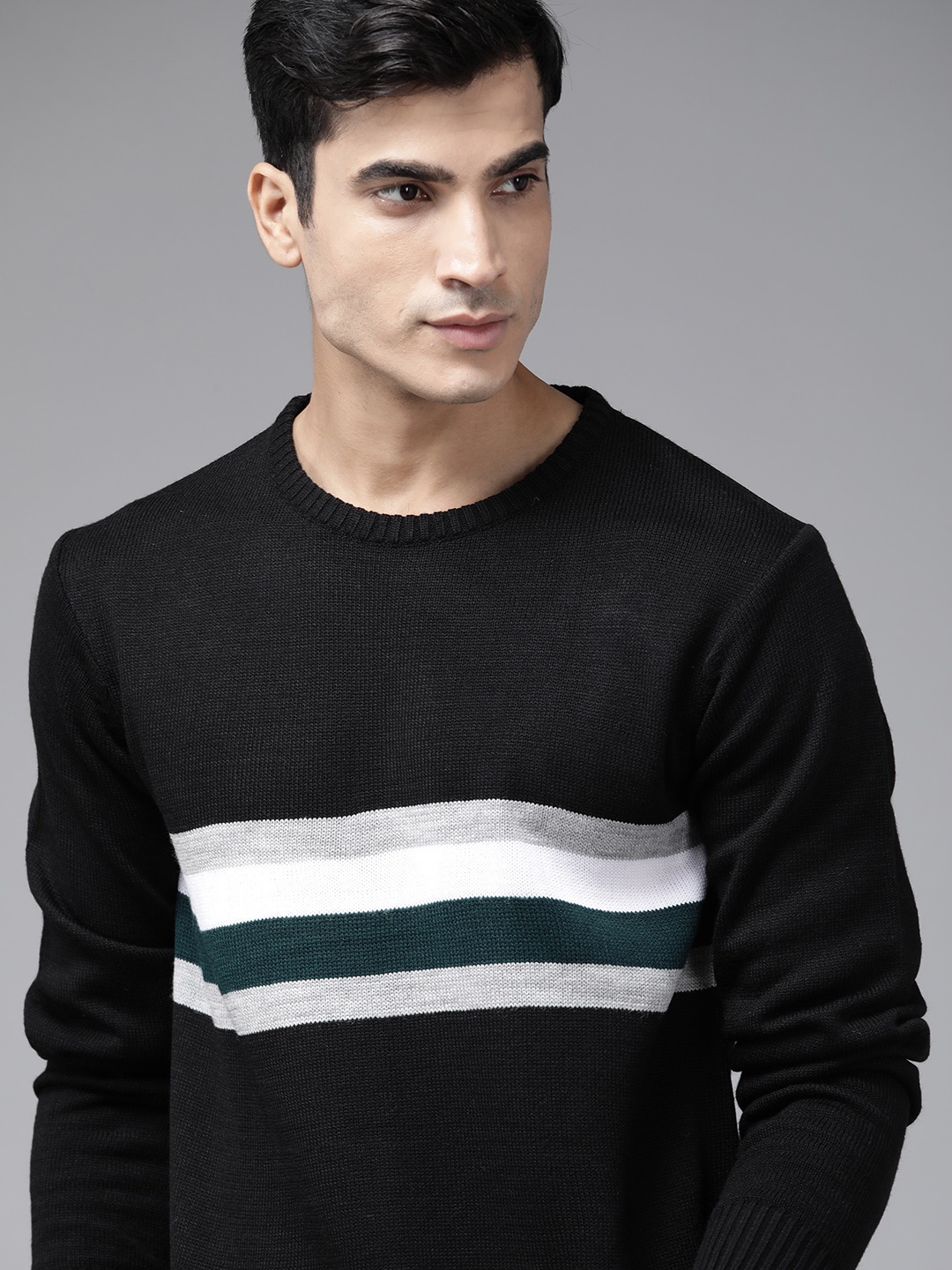 

Roadster Men Black & White Striped Pullover