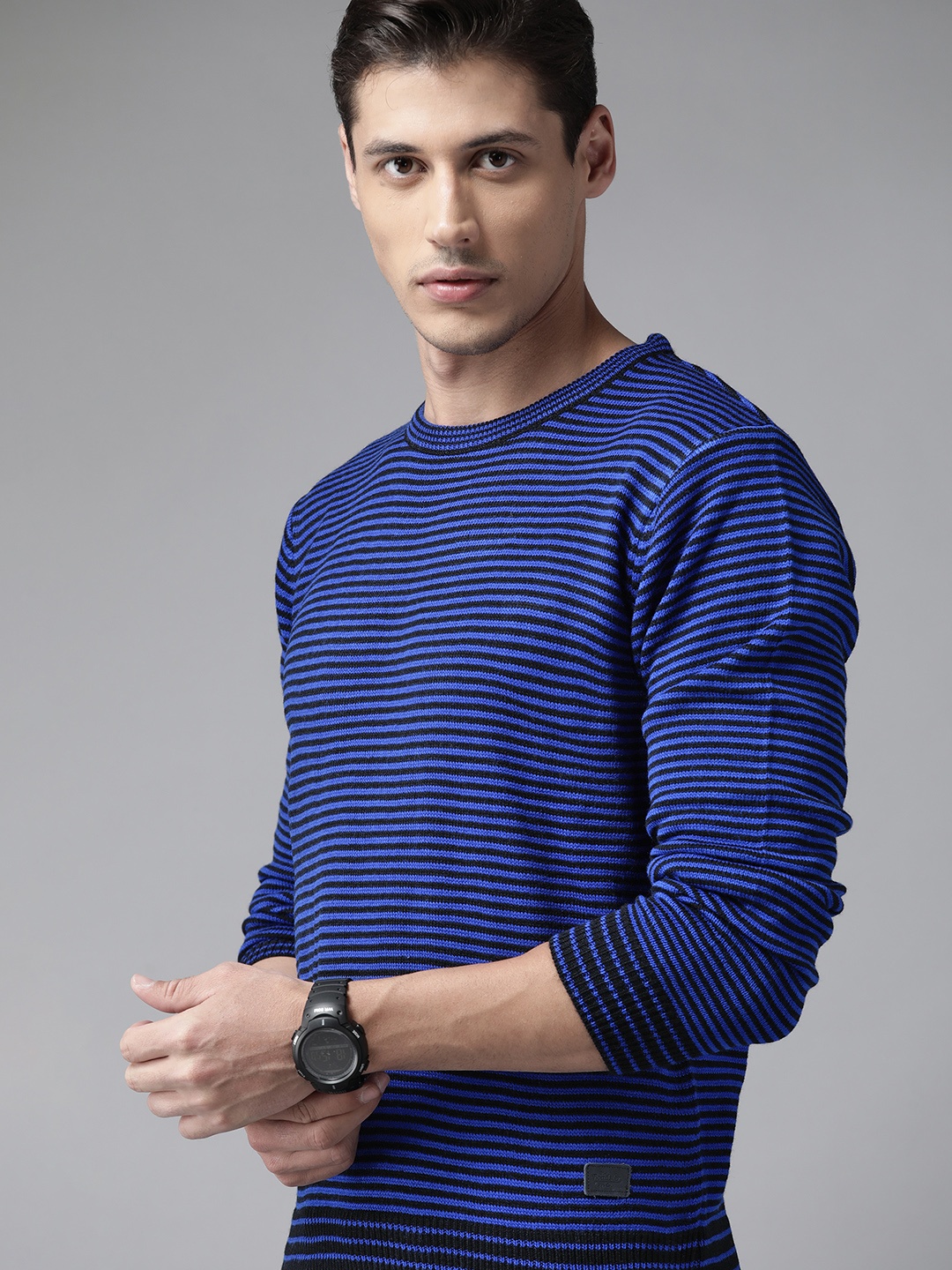 

Roadster Men Blue & Black Striped Pullover