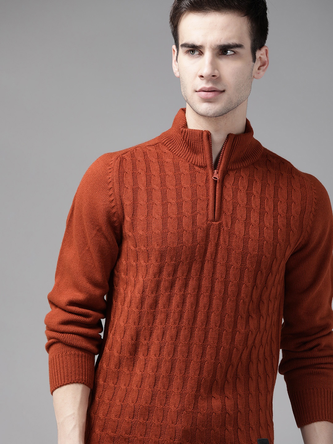 

Roadster Men Rust Red Cable Knit Pullover