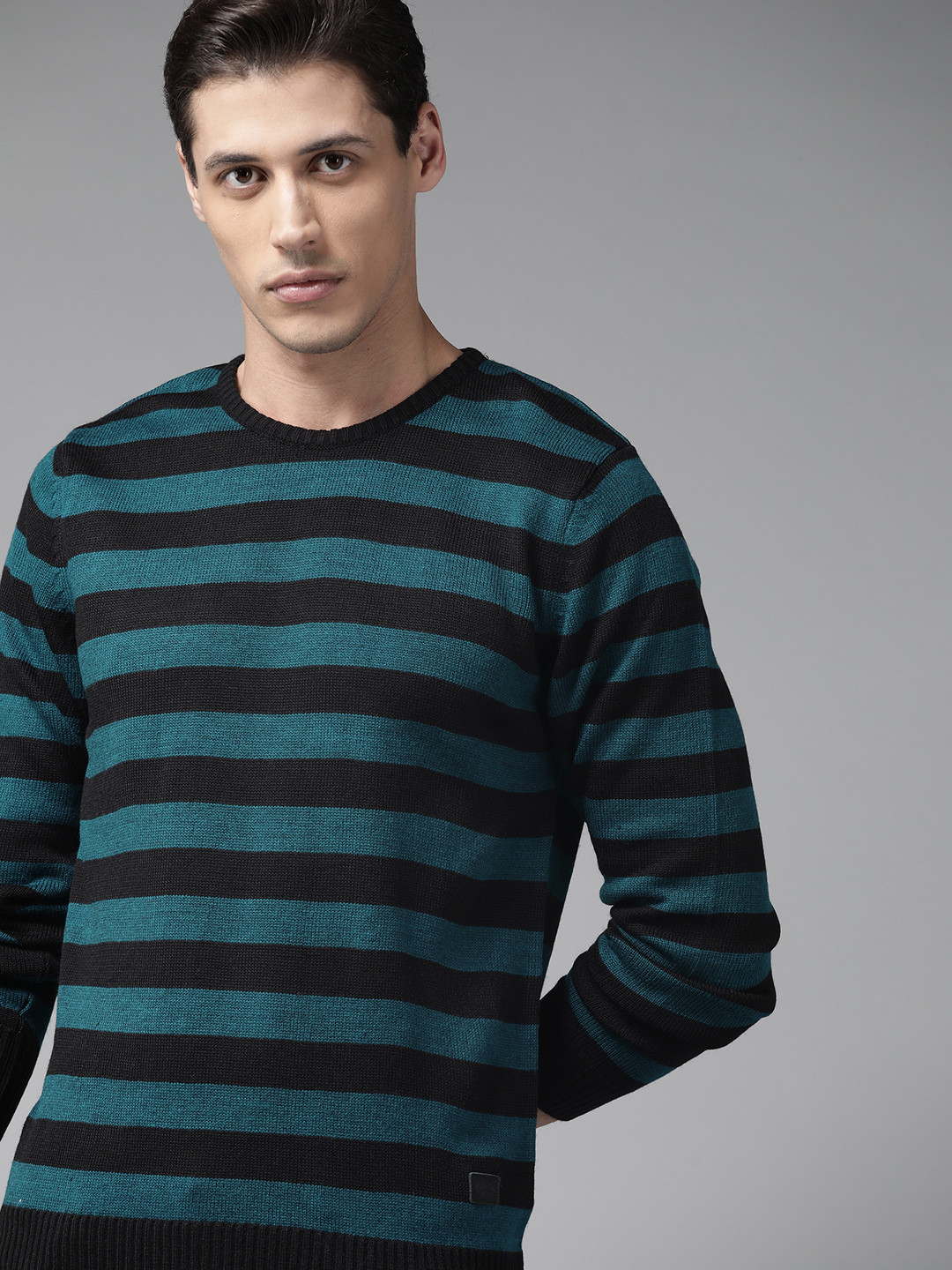 

Roadster Men Black & Blue Striped Pullover