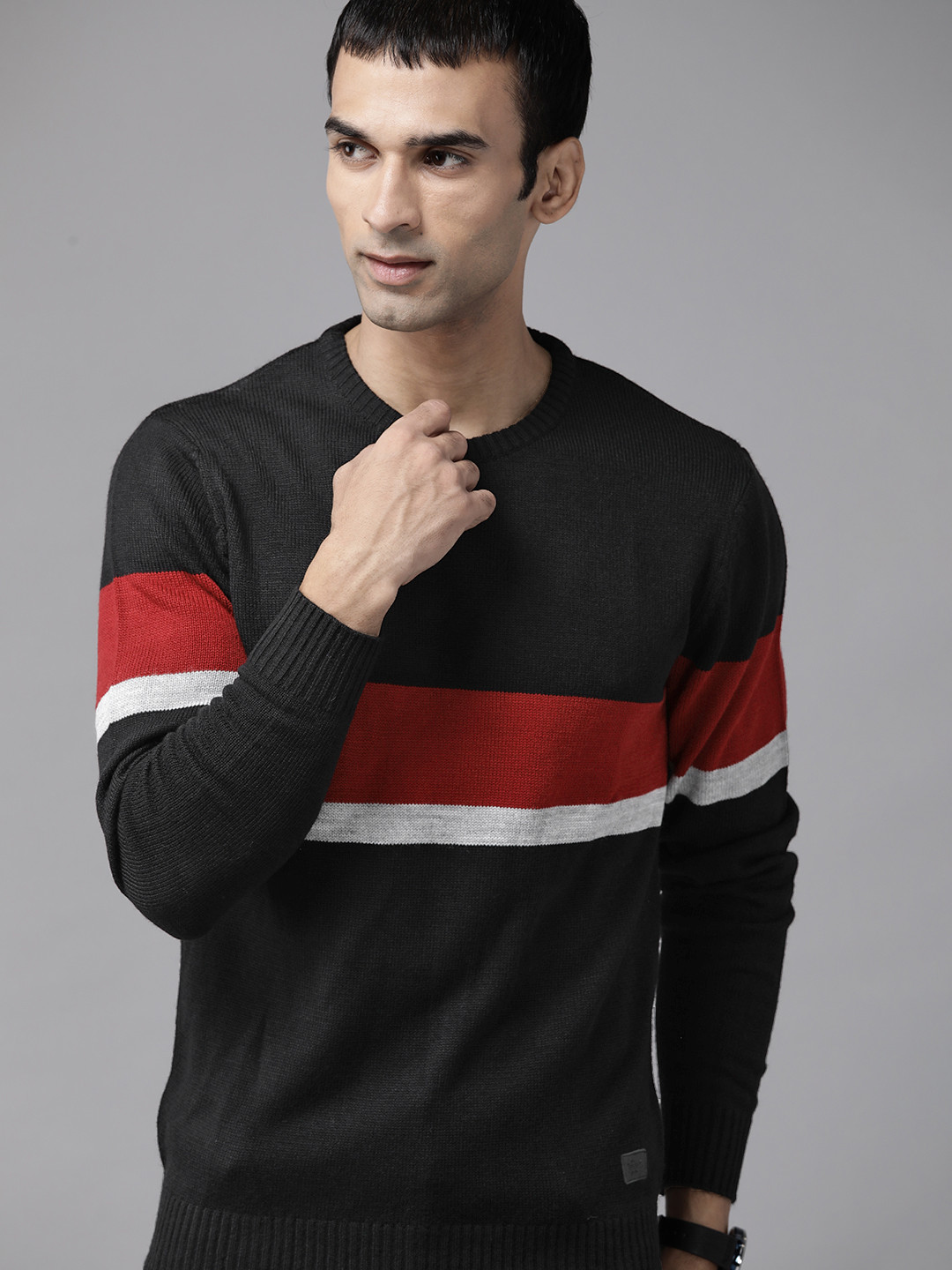 

Roadster Men Black & Red Colourblocked Pullover