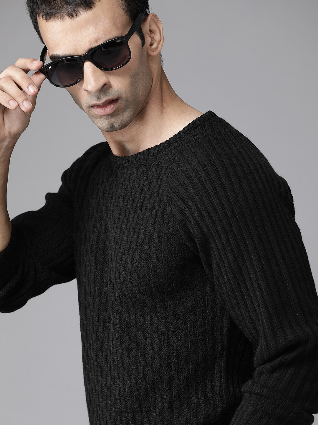 

Roadster Men Black Self Designed Pullover Sweater