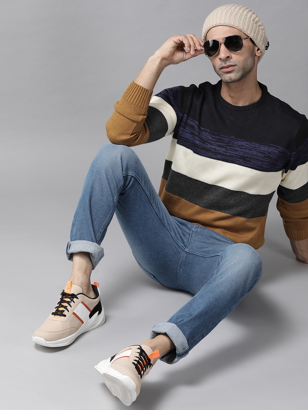 

Roadster Men Navy Blue & Mustard Yellow Striped Pullover