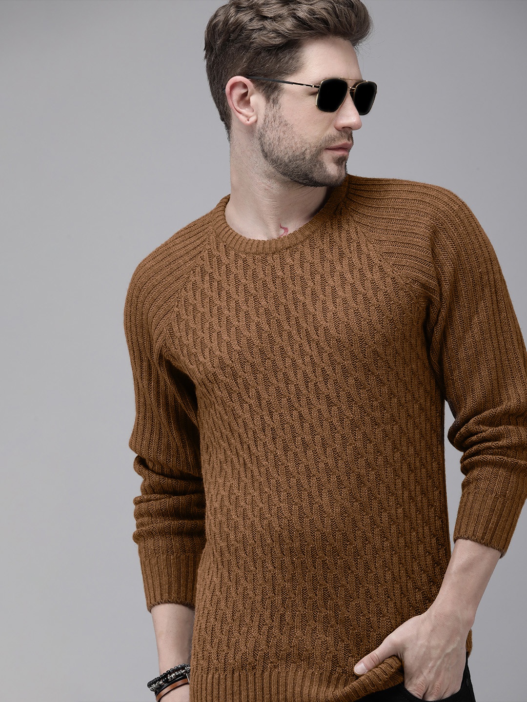 

Roadster Men Brown Cable Knit Pullover Sweater