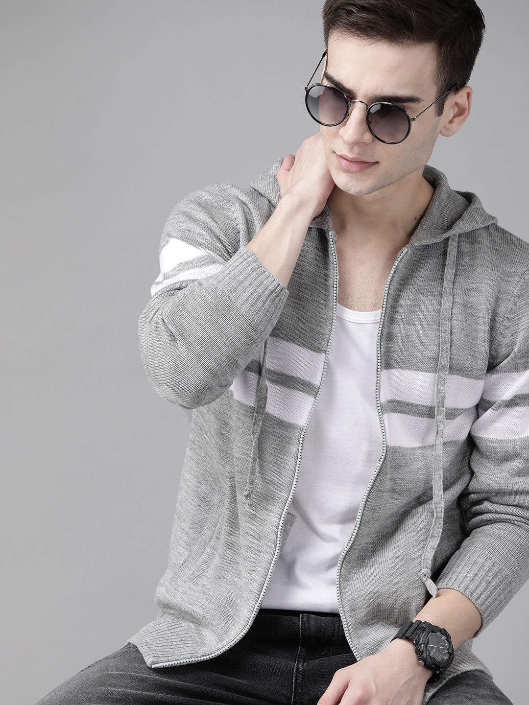 

Roadster Men Grey & White Striped Front-Open Sweater