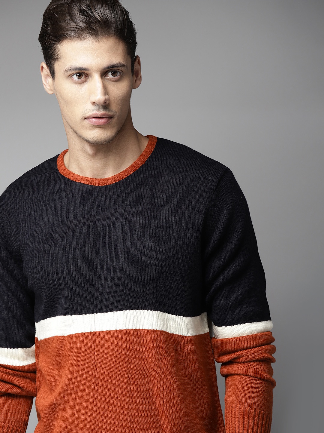 

Roadster Men Rust Brown & Navy Blue Colourblocked Pullover