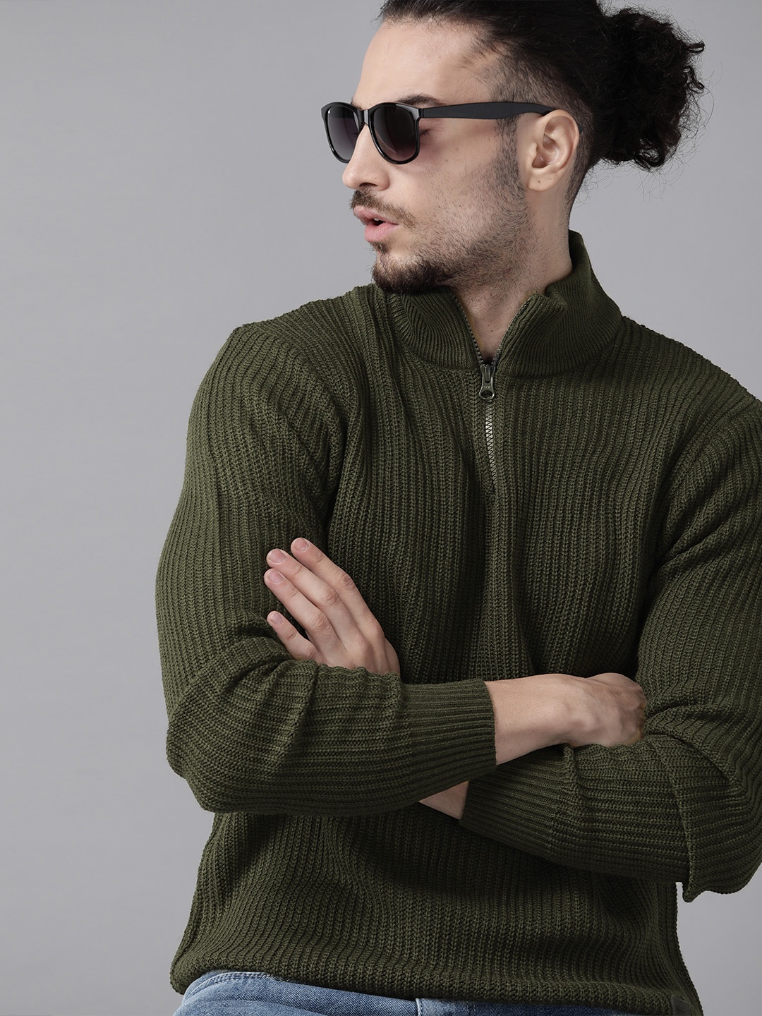 

Roadster Men Olive Green Self Design Mock Neck Pullover