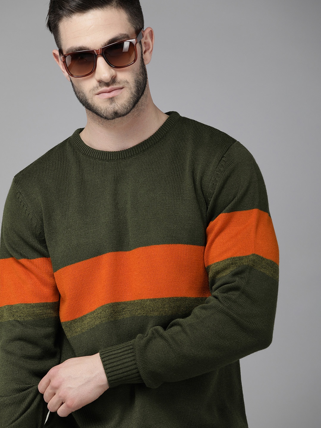 

Roadster Men Olive Green & Orange Striped Acrylic Regular Pullover Sweater