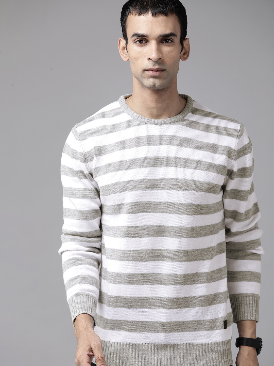 

Roadster Men Grey & White Striped Pullover
