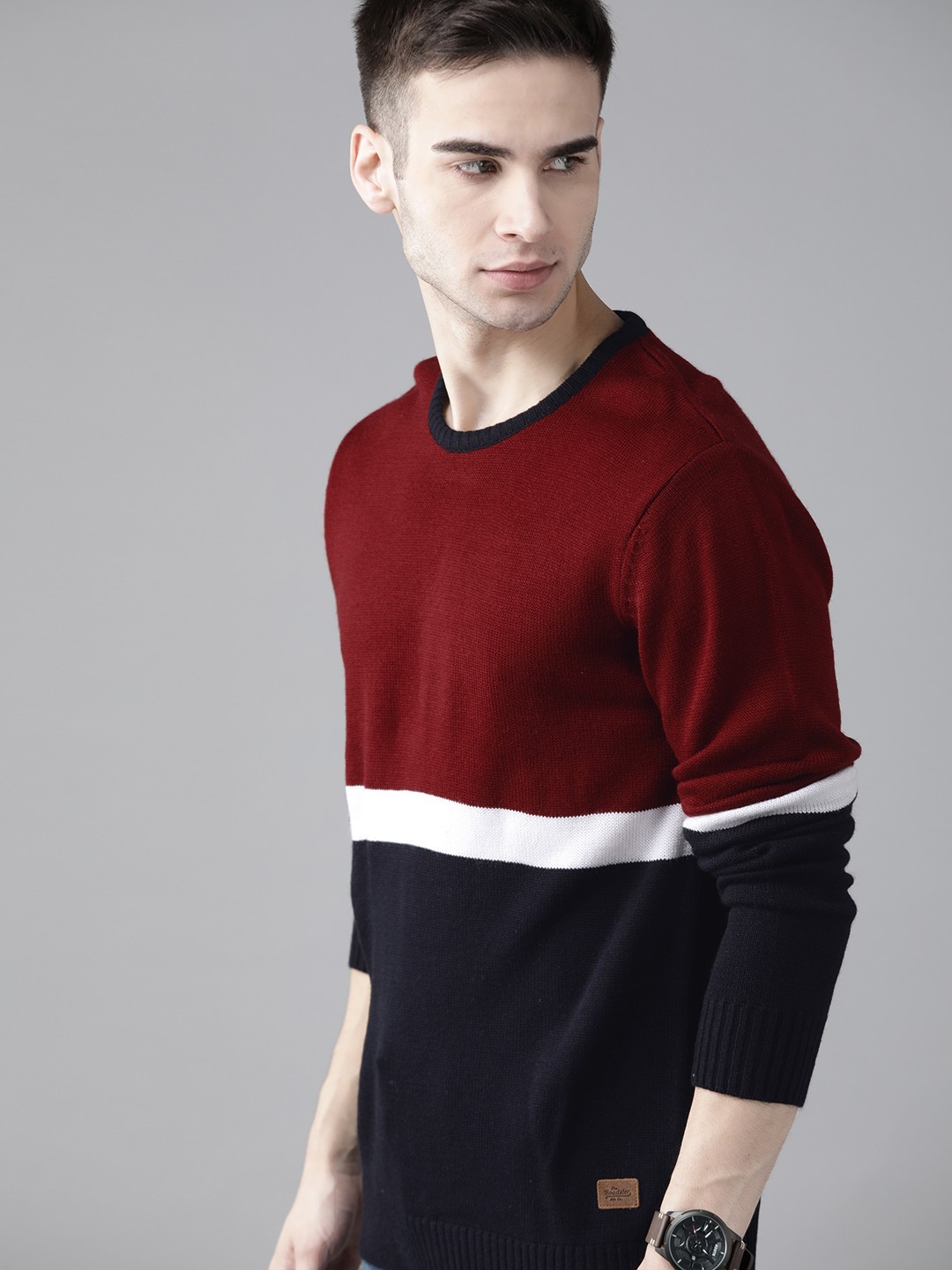 

Roadster Men Maroon & Navy Blue Colourblocked Pullover