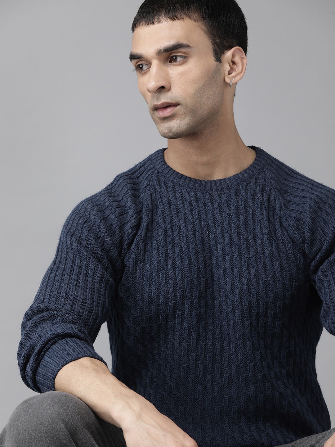 

Roadster Men Navy Blue Cable Knit Pullover