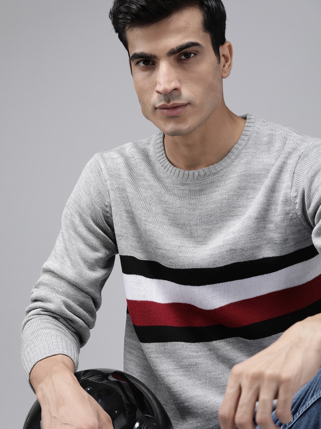 

Roadster Men Grey Melange & Maroon Striped Pullover