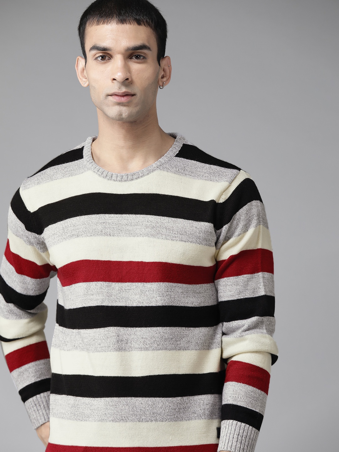 

Roadster Men Black & Red Striped Pullover