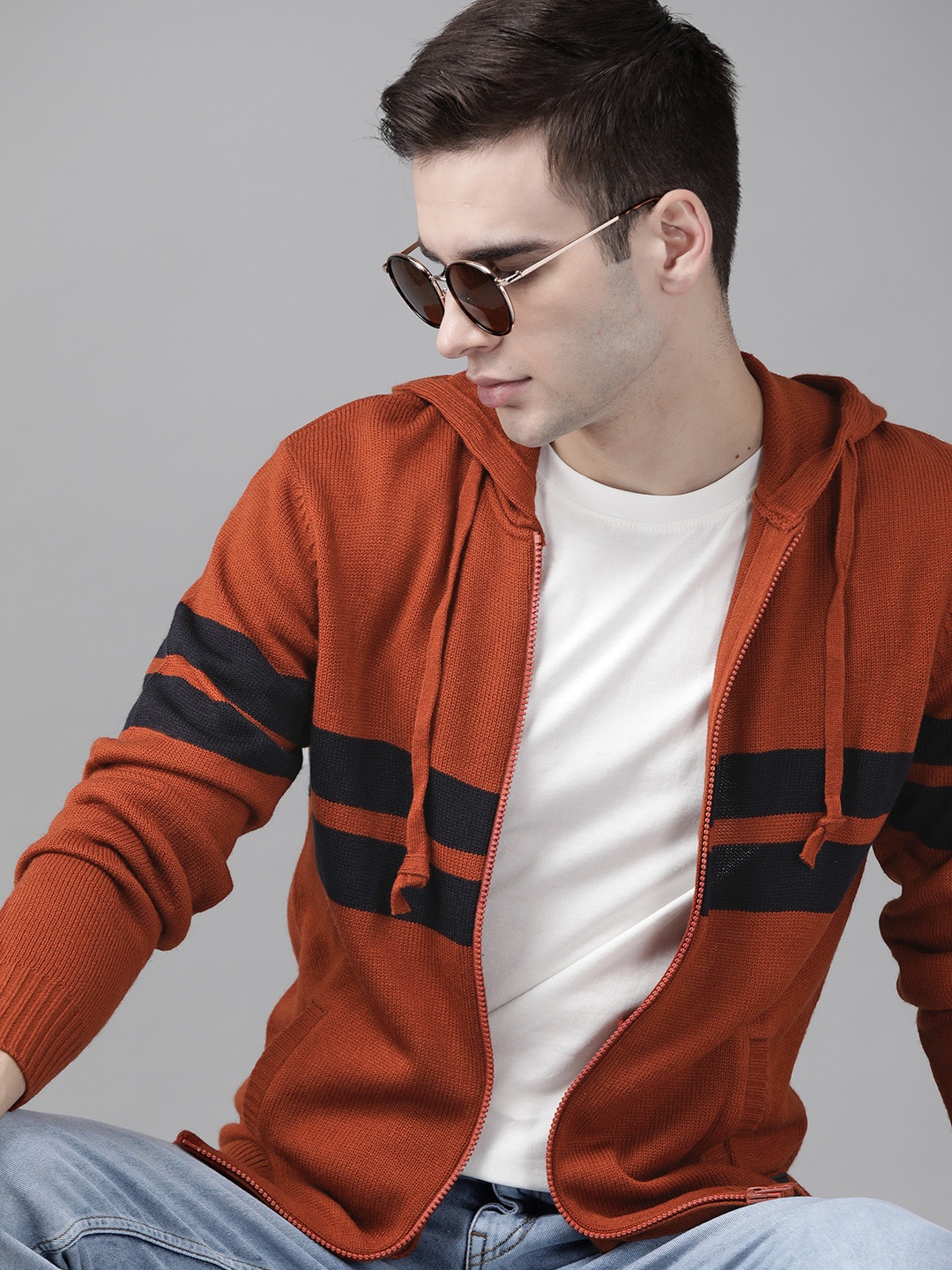 

Roadster Men Rust Brown & Black Striped Front-Open Sweater