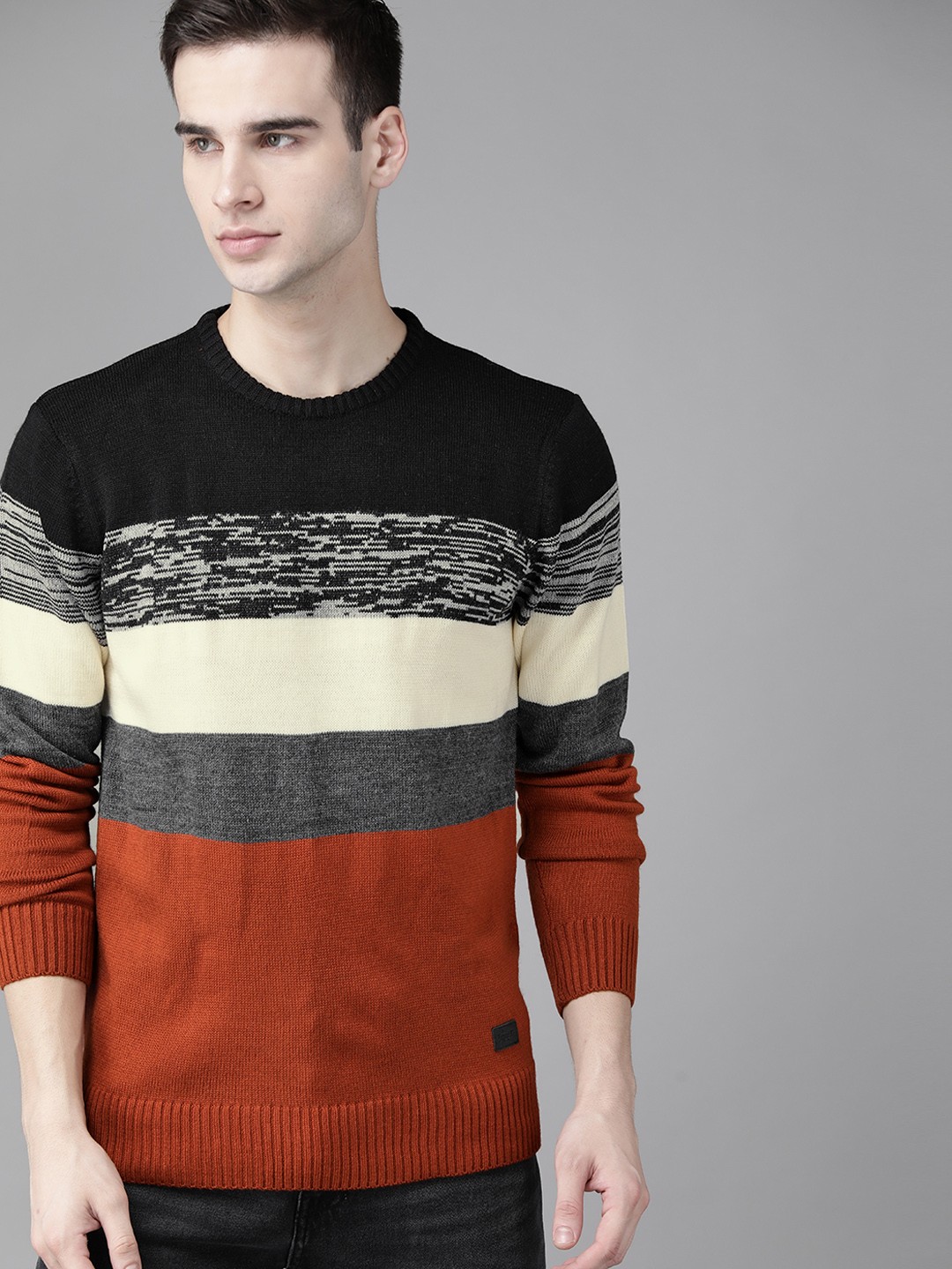 

Roadster Men Rust Brown & Black Striped Pullover Sweater