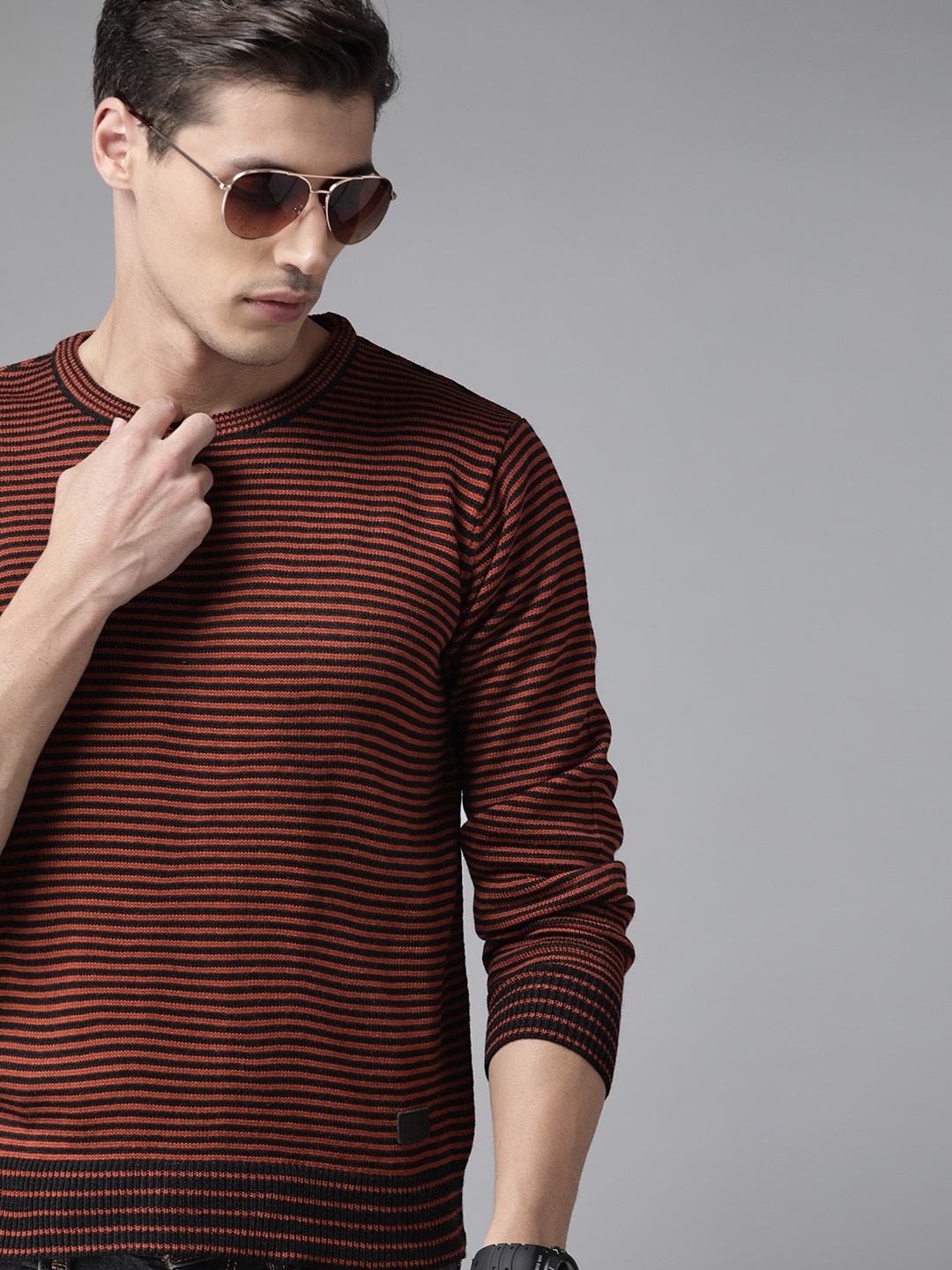 

Roadster Men Black & Rust Brown Striped Pullover