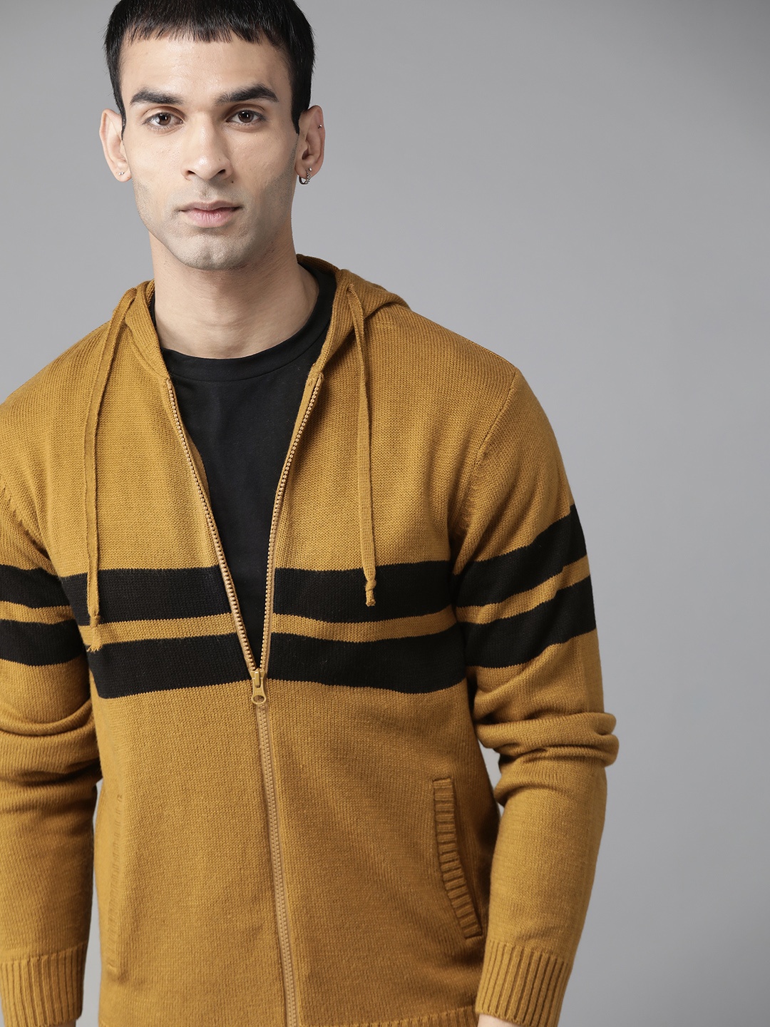 

Roadster Men Brown & Black Striped Cardigan