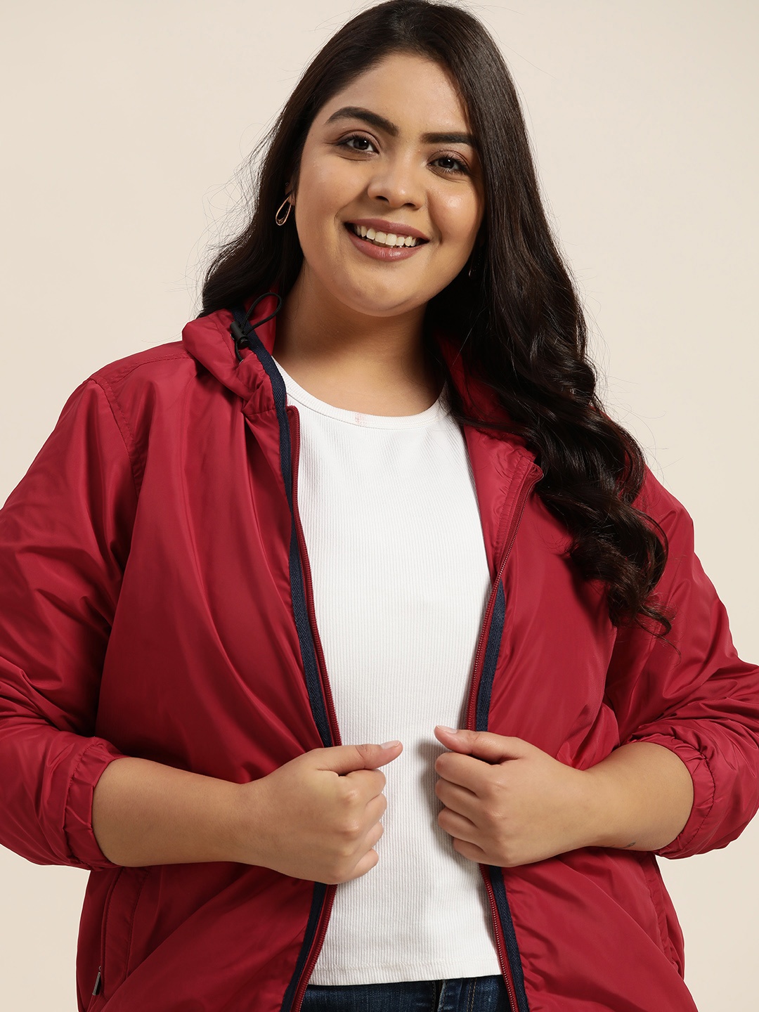 

Sztori Plus Size Women Red Solid Lightweight Hooded Windcheater Jacket