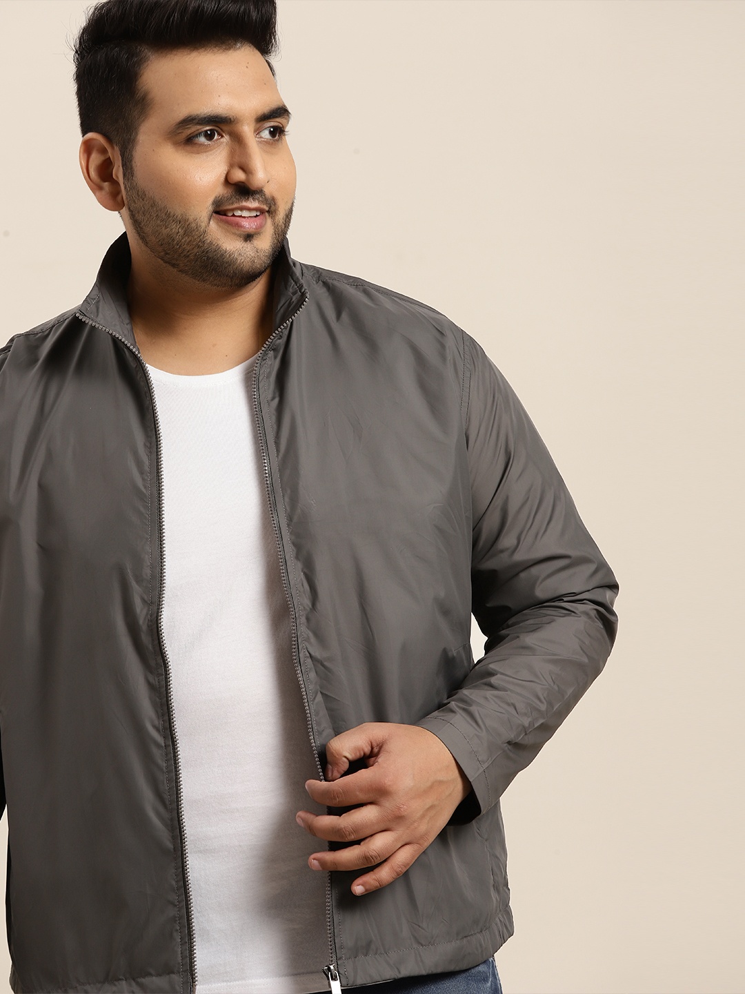 

Sztori Men Plus Size Charcoal Grey Solid Windcheater Tailored Jacket