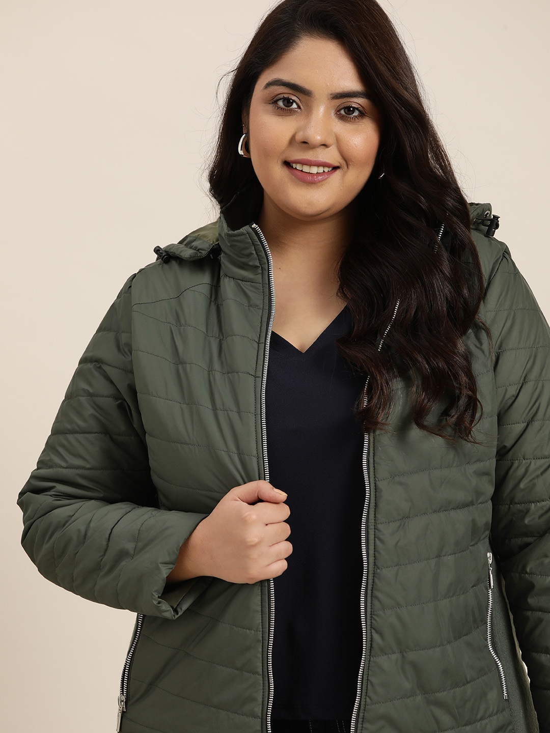 

Sztori Women Plus Size Olive Green Padded Hooded Jacket
