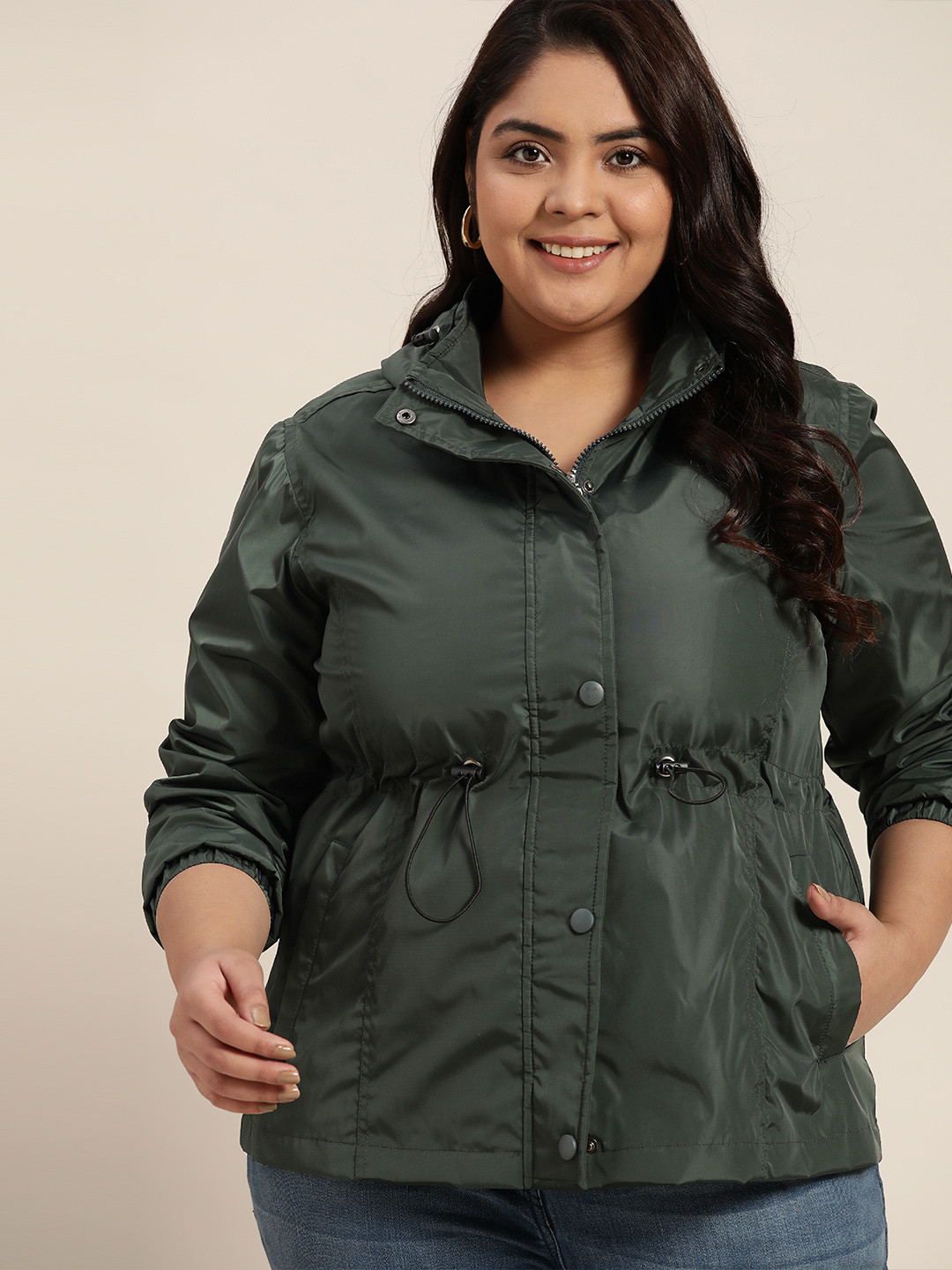 

Sztori Women Plus Size Green Lightweight Longline Windcheater Jacket with Cinched waist