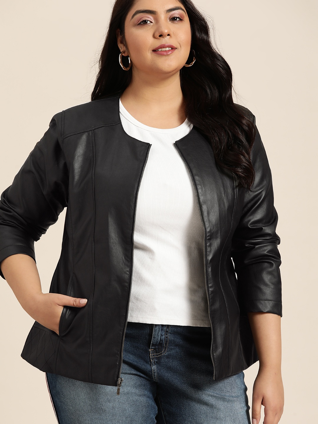

Sztori Women Plus Size Black Solid PU Coated Tailored Jacket