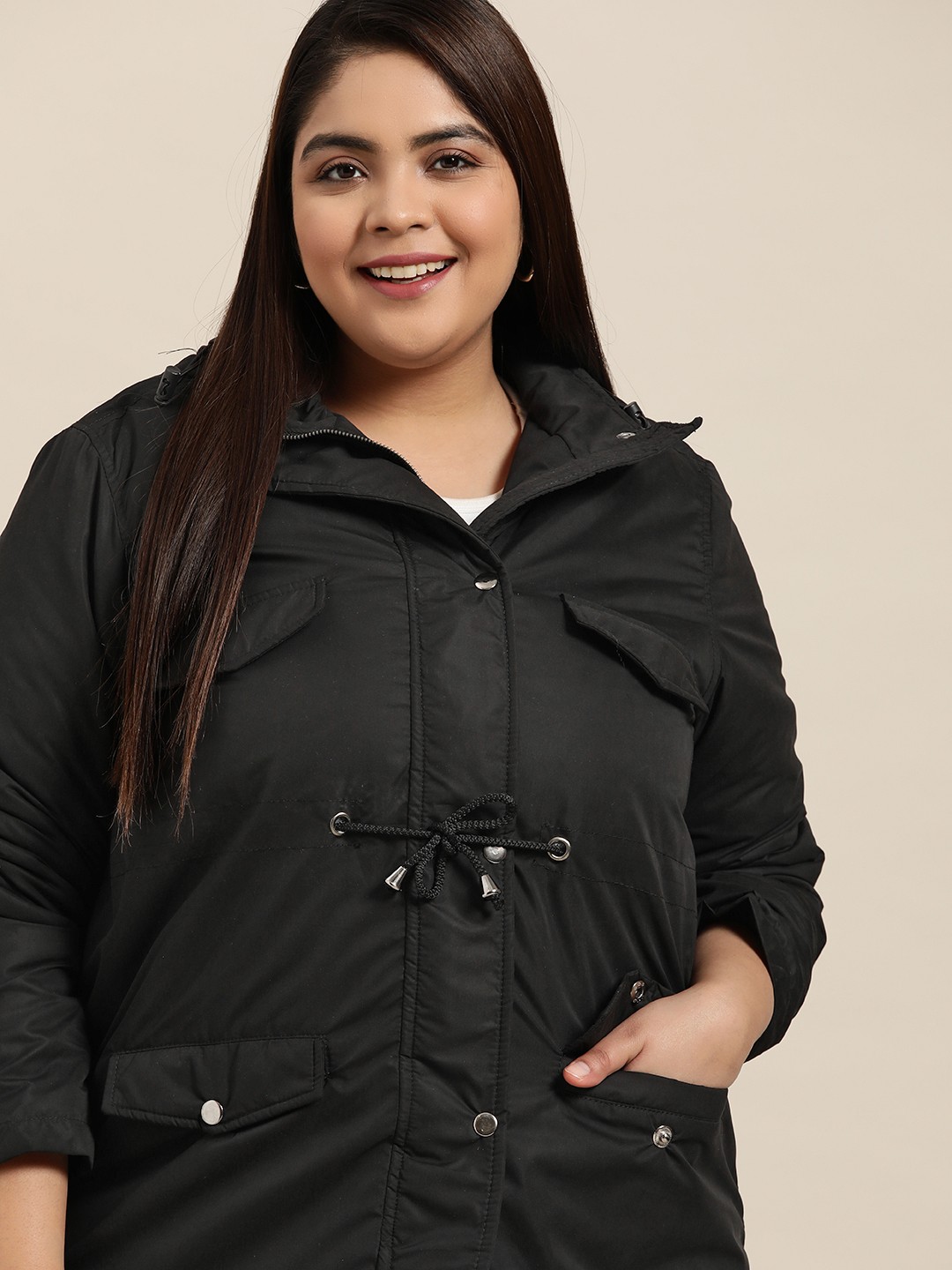

Sztori Women Plus Size Black Solid Longline Padded Jacket