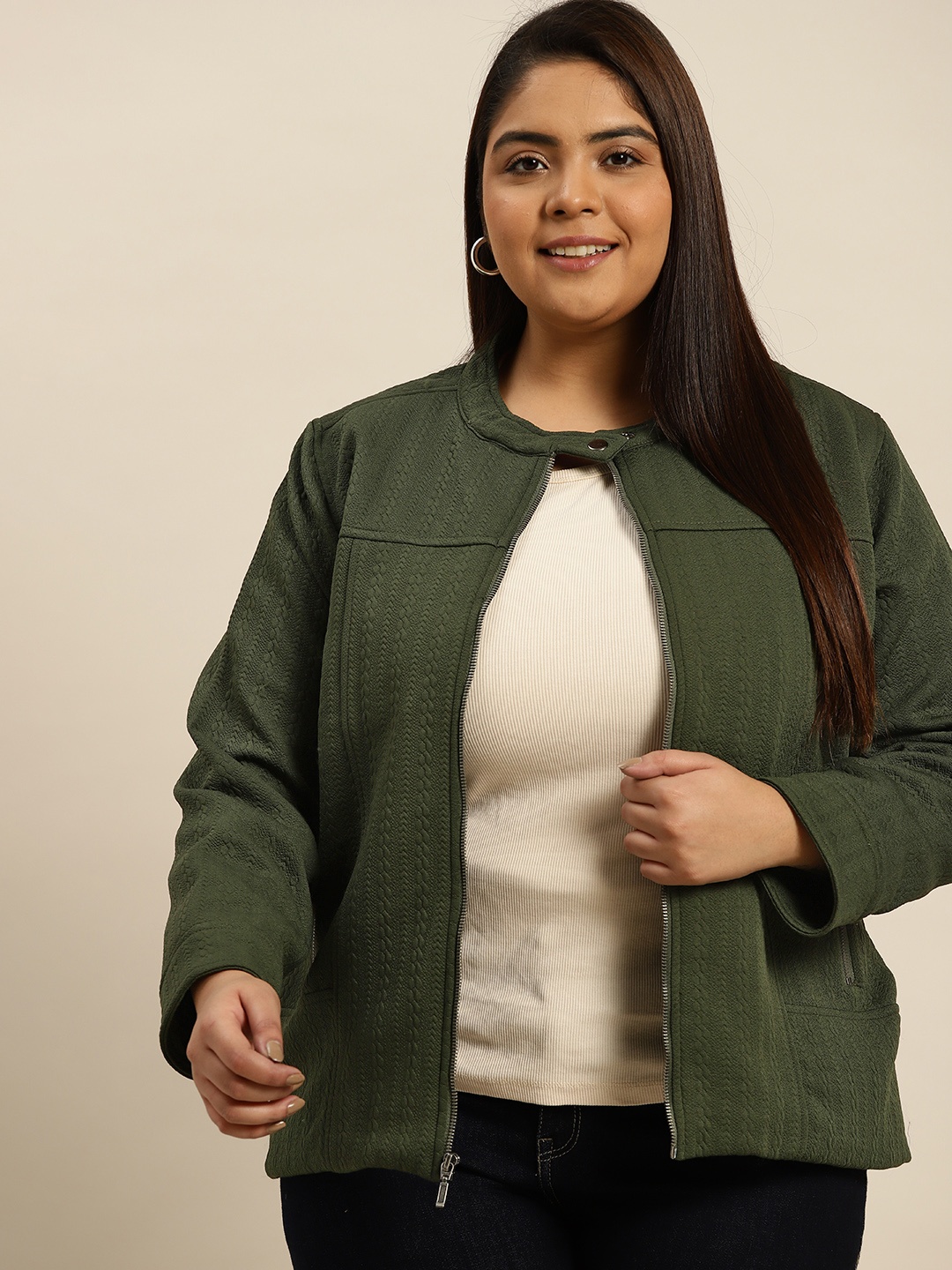 

Sztori Women Plus Size Olive Green Self Design Tailored Jacket