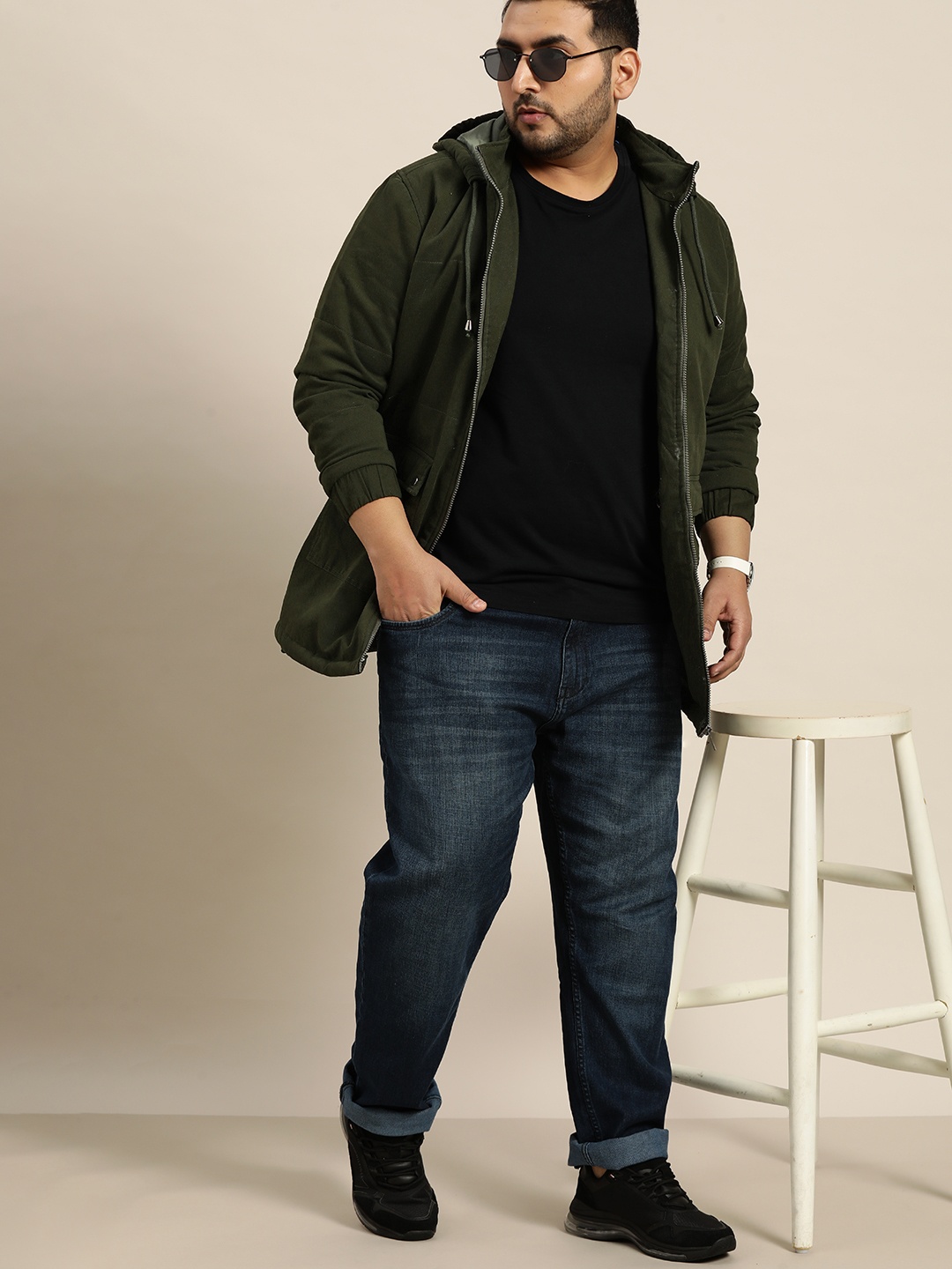

Sztori Men Plus Size Olive Green Solid Cotton Hooded Tailored Jacket