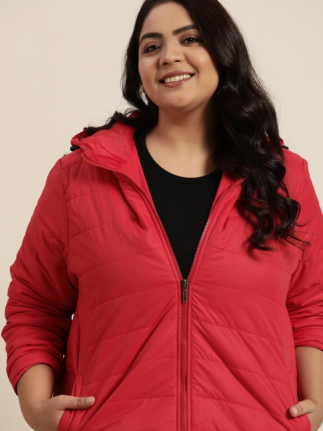 

Sztori Plus Size Women Red Hooded Padded Jacket