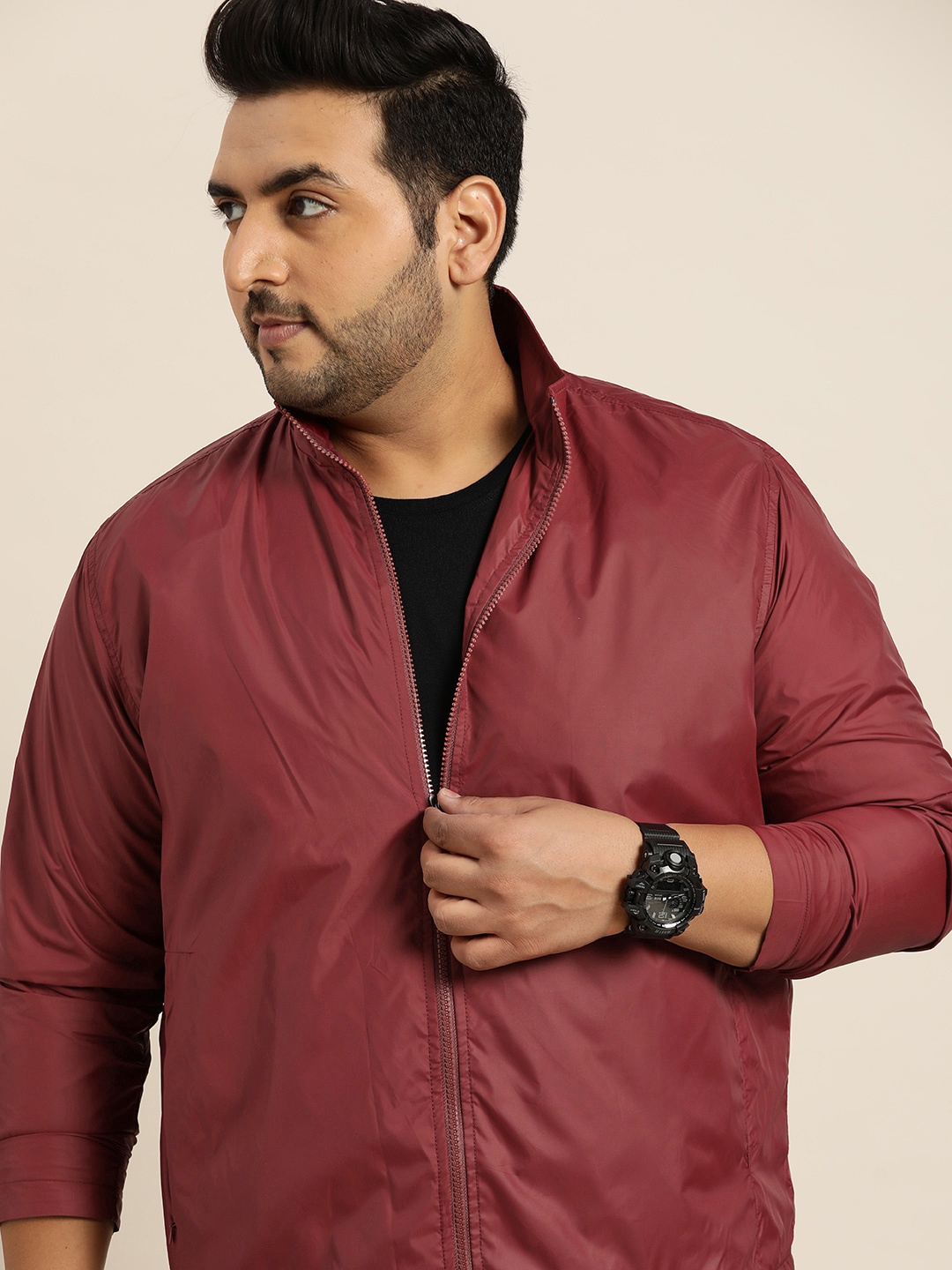 

Sztori Men Plus Size Maroon Solid Windcheater Jacket