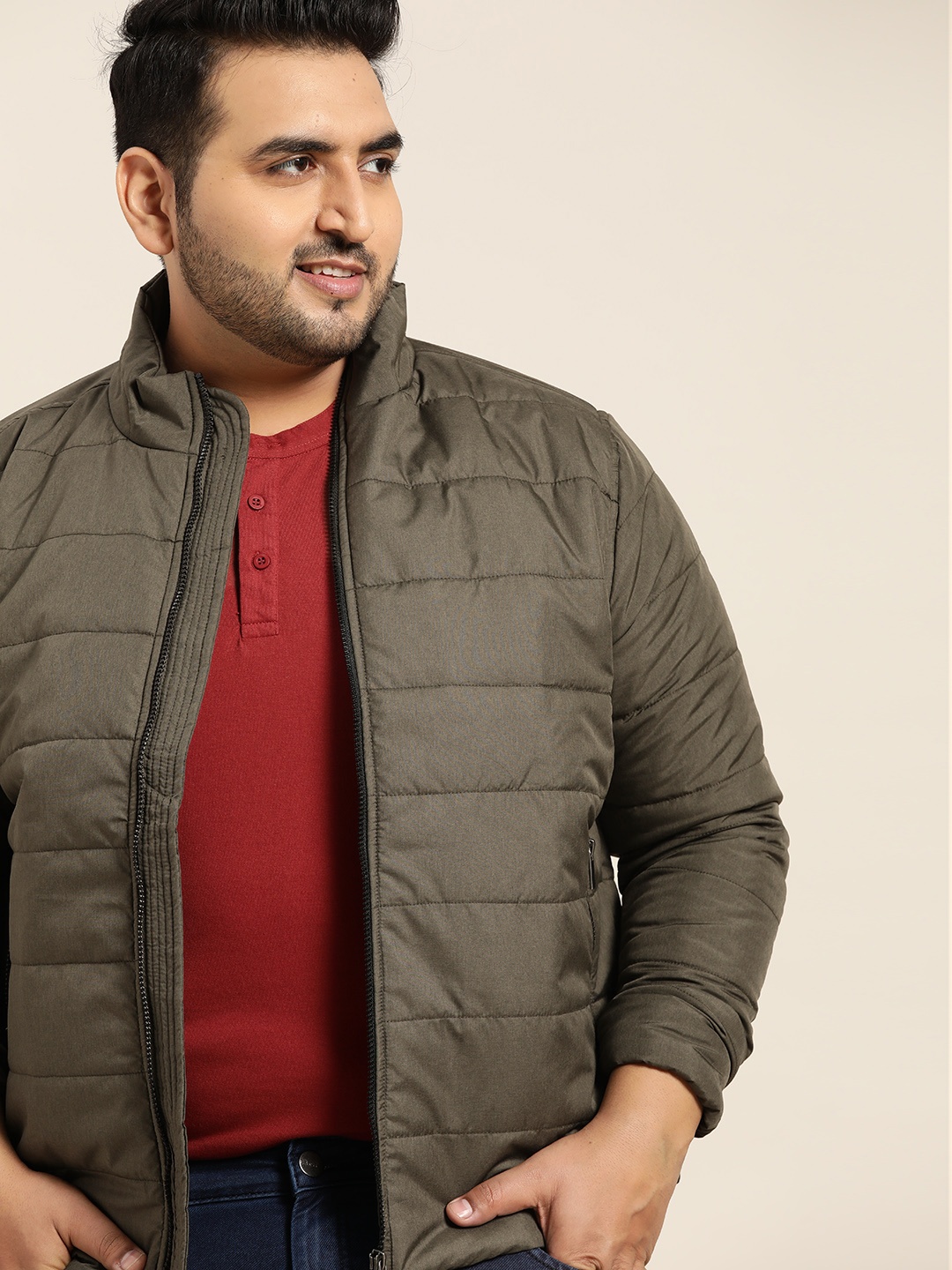 

Sztori Men Plus Size Olive Green Solid Padded Jacket