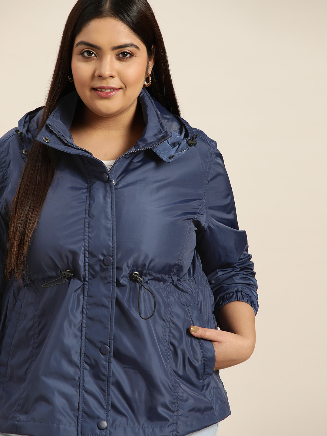 

Sztori Plus Size Women Navy Lightweight Longline Windcheater Jacket with Cinched waist, Navy blue