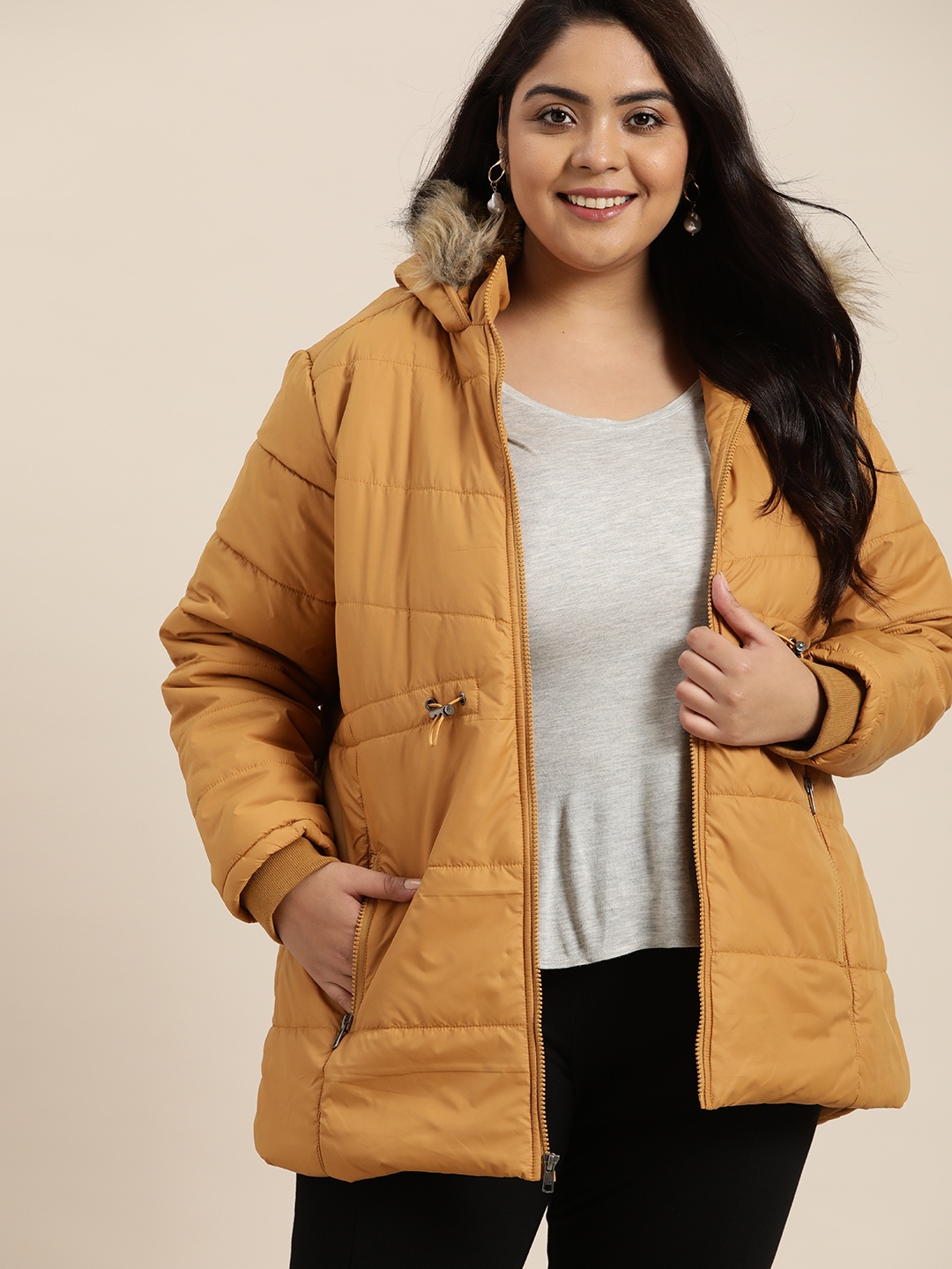 

Sztori Plus Size Women Mustard Yellow Solid Hooded Parka Jacket