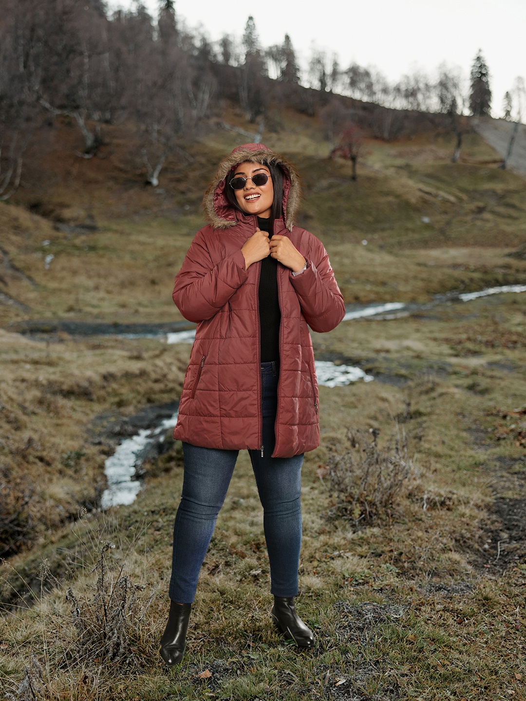 

Sztori Women Plus Size Maroon Solid Detachable Hood Longline Parka Jacket
