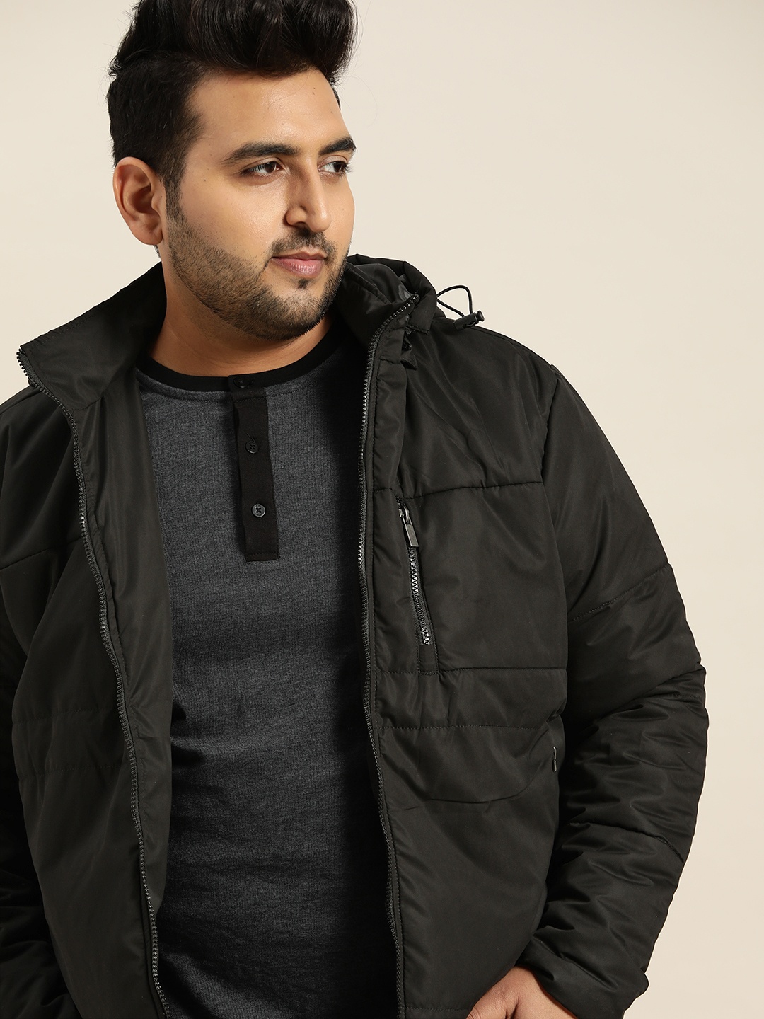 

Sztori Men Plus Size Black Padded Jacket With Detachable Hood