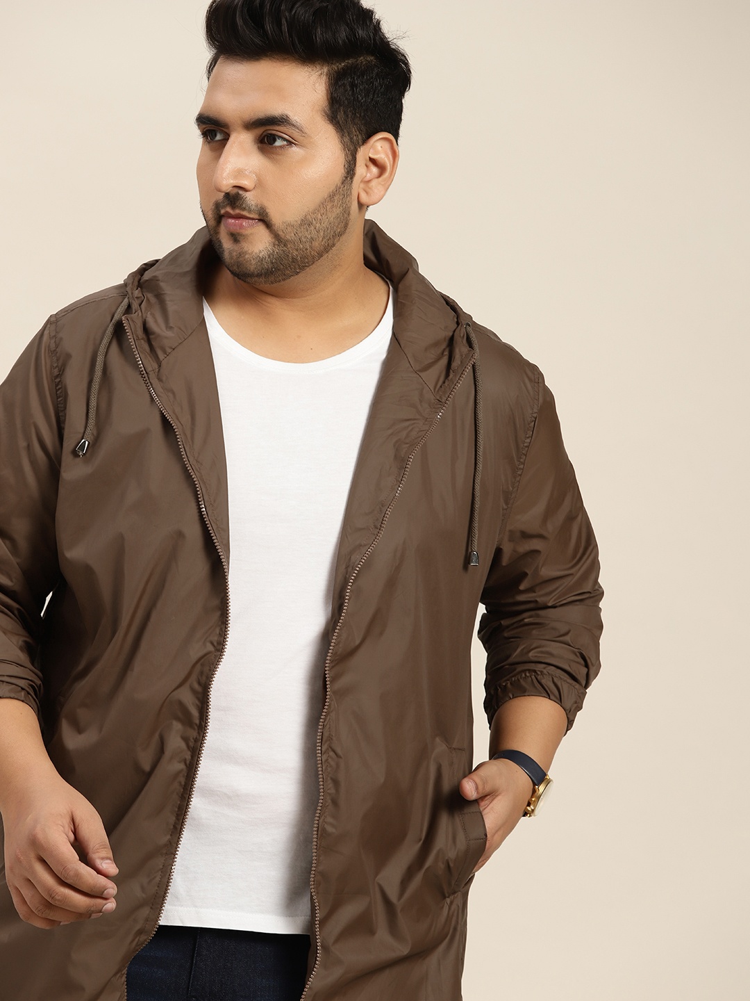 

Sztori Plus Size Men Brown Lightweight Packable Windcheater Jacket