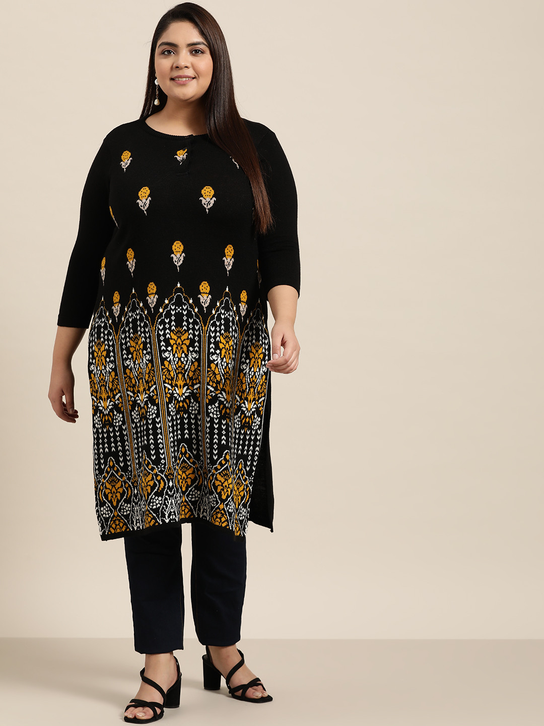 

Sztori Women Plus Size Black & Mustard Yellow Ethnic Motifs Jacquard Winter Straight Kurta
